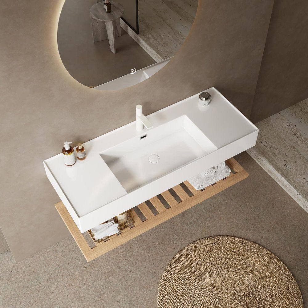 Timussi 6.89 in. White Acrylic Wall-Mounted Bathroom Integrated Sink and Shelf (3)
