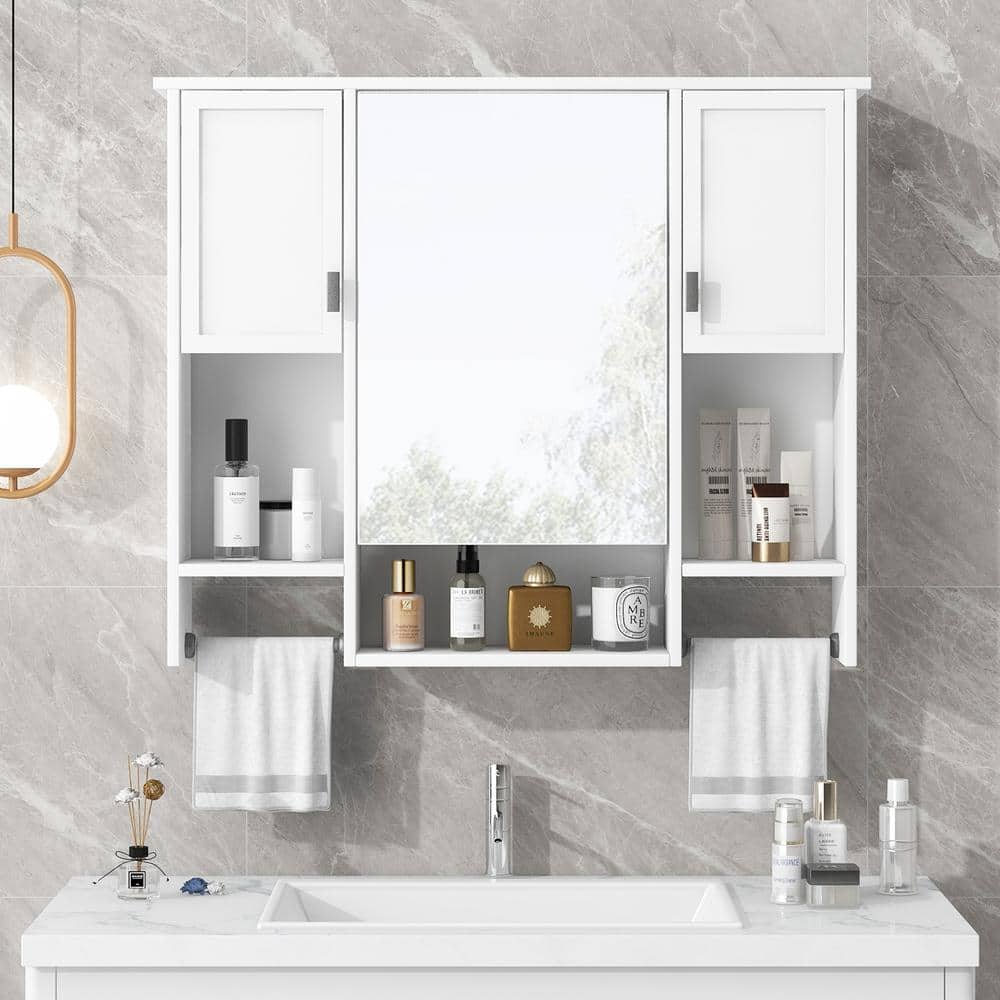 Unbranded 35 in. W 6.7 in. D 28.7 in. H Bathroom Storage Wall Cabinet with Mirror Towels Bar Grey