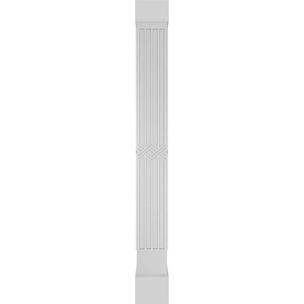 Ekena Millwork 7-5/8 in. x 9 ft. Premium Square Non-Tapered Zion Fretwork PVC Column Wrap Kit w/Standard Capital and Base (2)
