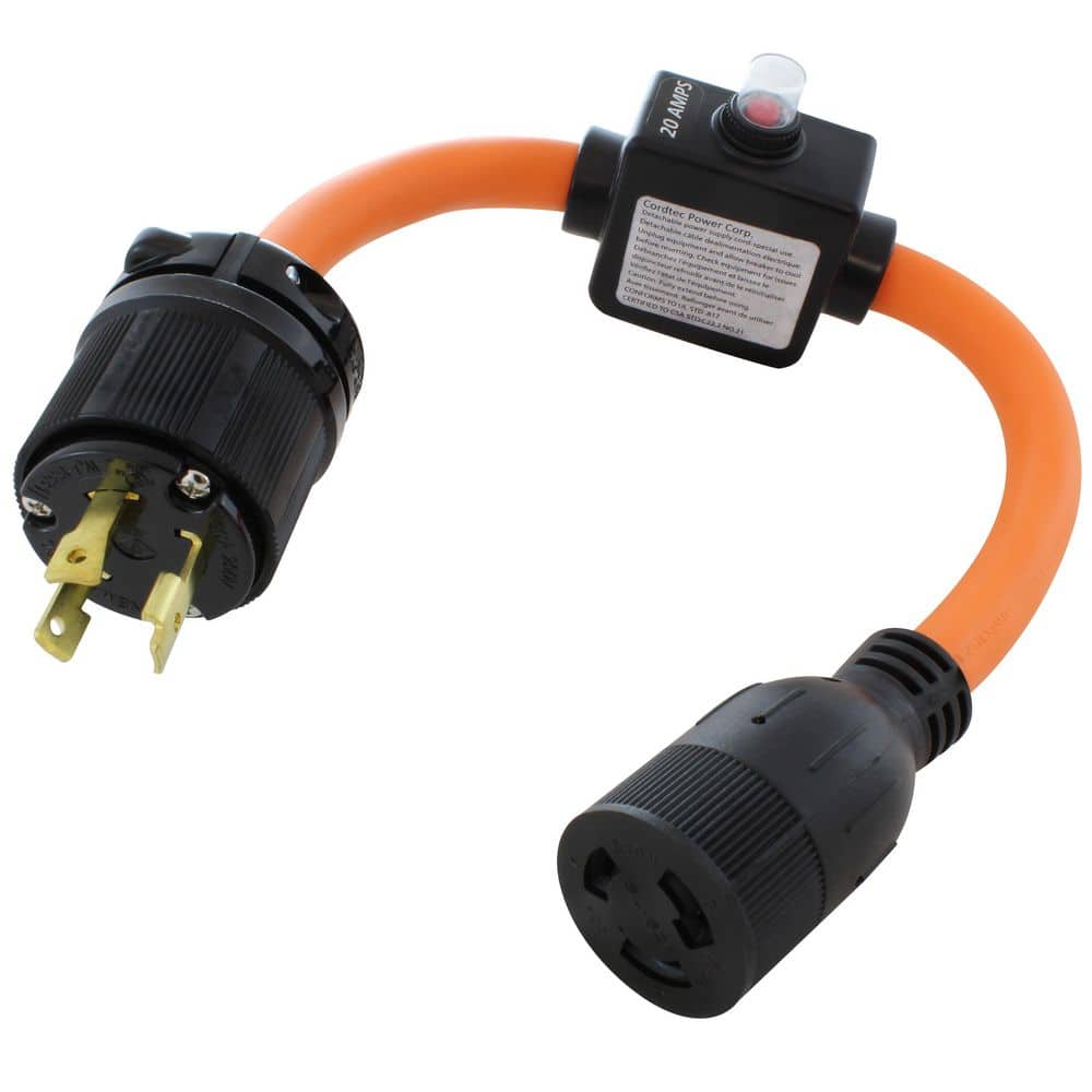 AC WORKS 30A 3-Prong L6-30P Locking Plug to L6-20 Outlet with 20A Inline Breaker 1.5 ft. 10 / 3 STW Indoor/Outdoor Cord in Orange (1)
