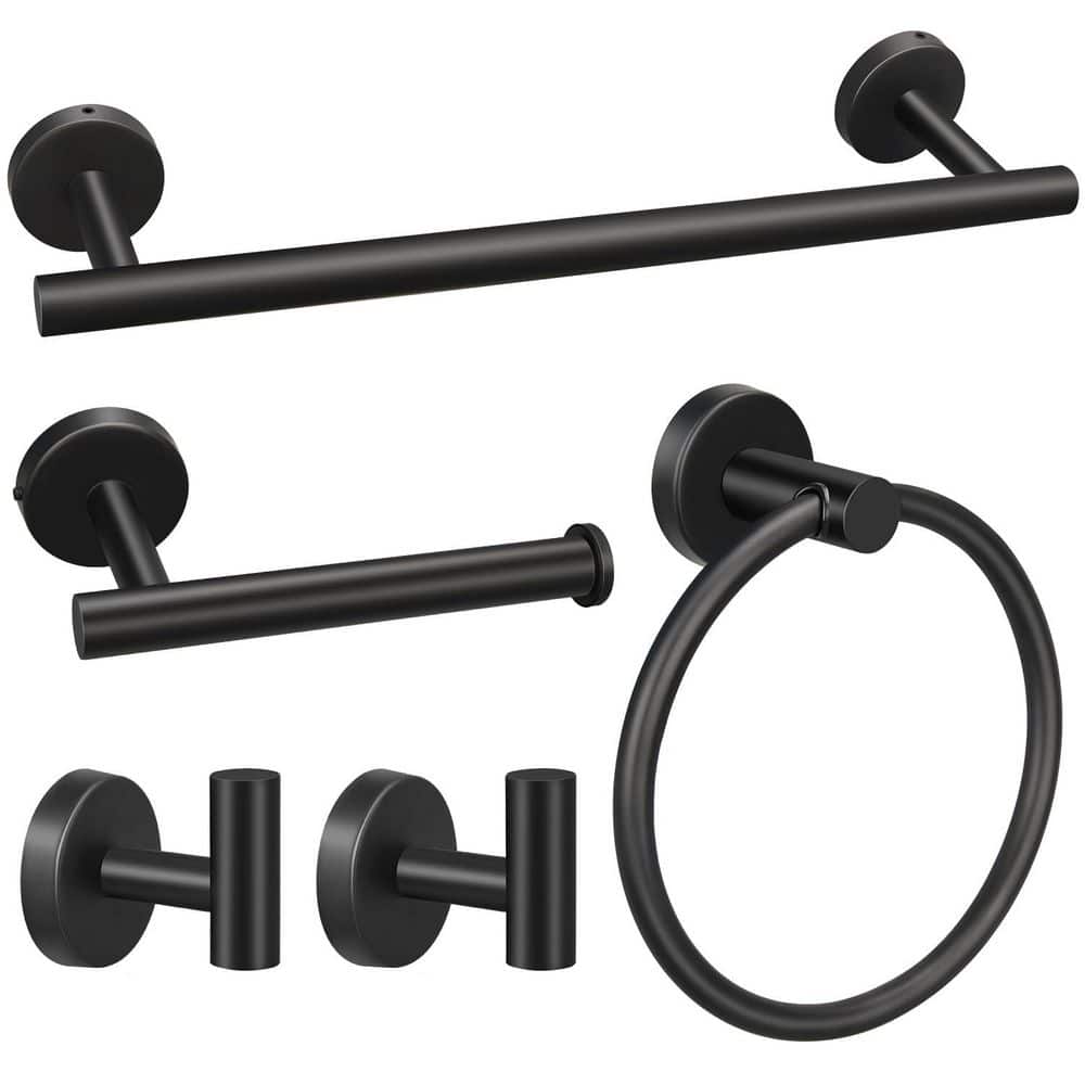 KHKFY 5-Piece Matte Black Bathroom Hardware Set with 16-Inch Hand Towel Bar, Toilet Paper Holder, Towel Ring, and Robe Hooks (1)