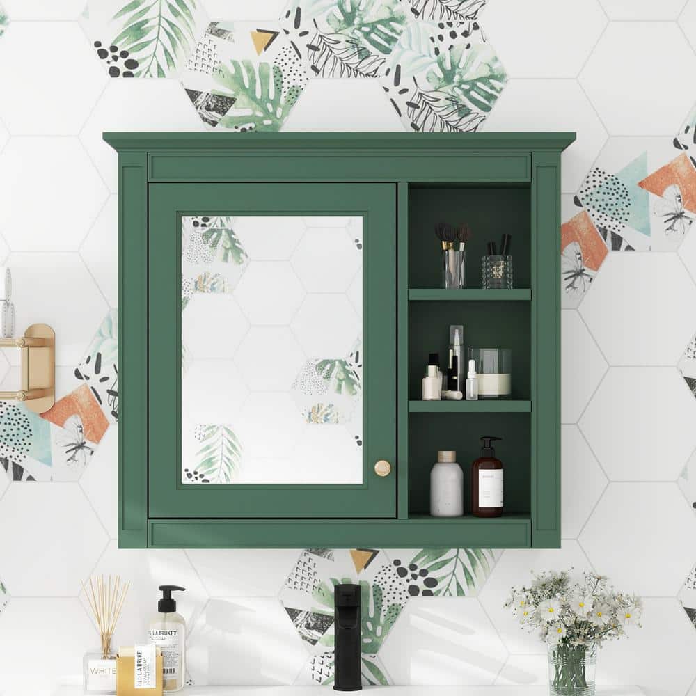 Unbranded 30 in. W 7.32 in. D 28 in. H Wall Mounted Bathroom Storage Wall Cabinet with Mirror, 3 Open Shelves (2)