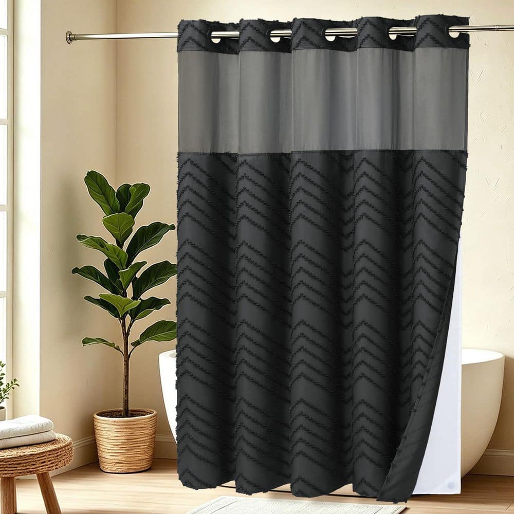 Anqtovp 71 in. W x 74 in. L Fabric Shower Curtain with Snap In Waterproof Liner and Built-In Rings in Black (3)
