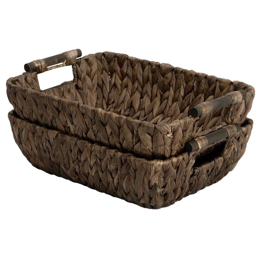Wudkey 2-Pack Hand-Woven Storage Baskets with Wooden Handles, Wicker Storage Baskets for Shelf, Brown (1)