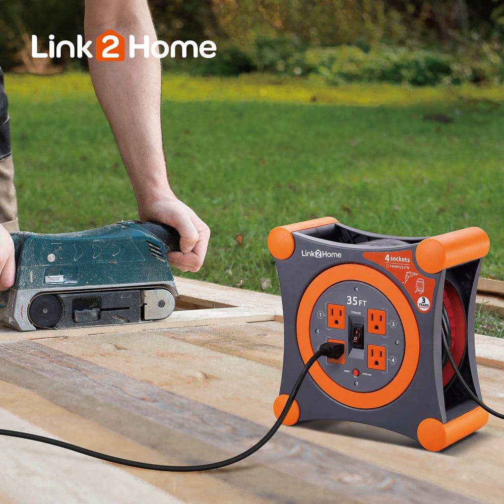 Link2Home 35 ft. 14/3 Extension Cord Storage Reel with 4 Grounded Outlets and Overload Protection (2)
