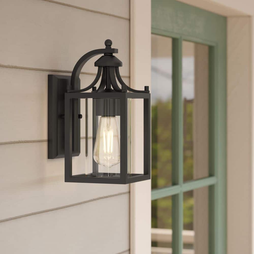 Hampton Bay Boswell Quarter 12.12 in. 1-Light Matte Black Hardwired Outdoor Wall Light Lantern Sconce with Clear Glass Shade (2)