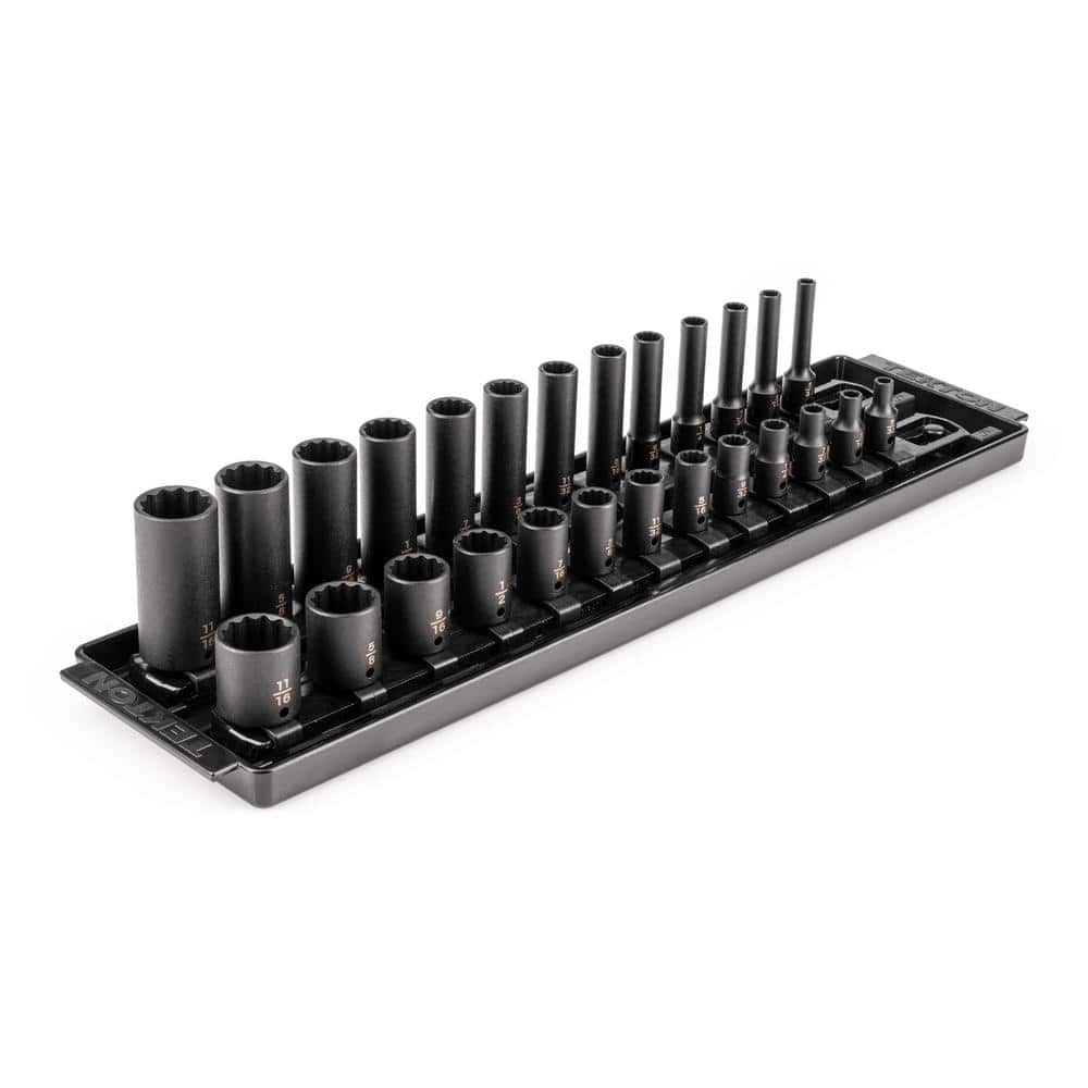 TEKTON 1/4 Inch Drive 12-Point Impact Socket Set with Rails and Tray, 26-Piece (5/32-11/16 in.) (1)