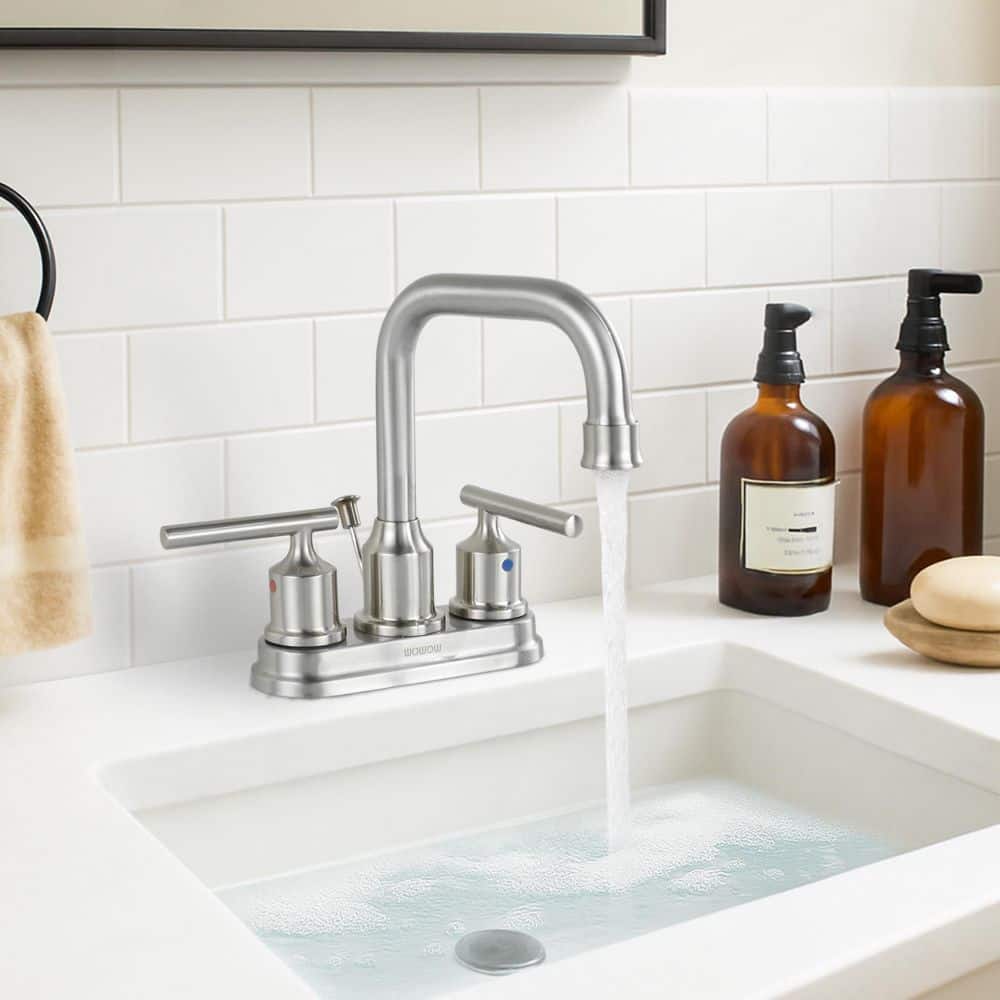 WOWOW 4 in. Centerset Double Handle High Arc Bathroom Faucet with Drain Kit Included in Brushed Nickel (2)