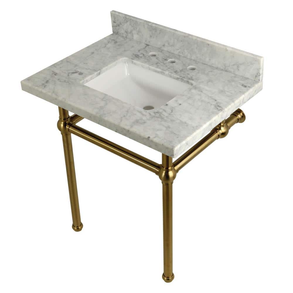 Kingston Brass Square-Sink Washstand 30 in. Console Table in Carrara with Metal Legs in Brushed Brass