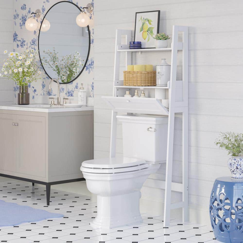 RiverRidge Home Amery 25in. W x 58in. H x 10in. D White Over The Toilet Storage Spacesaver with Open Shelves, Cubby and Drop Down Drawer (2)
