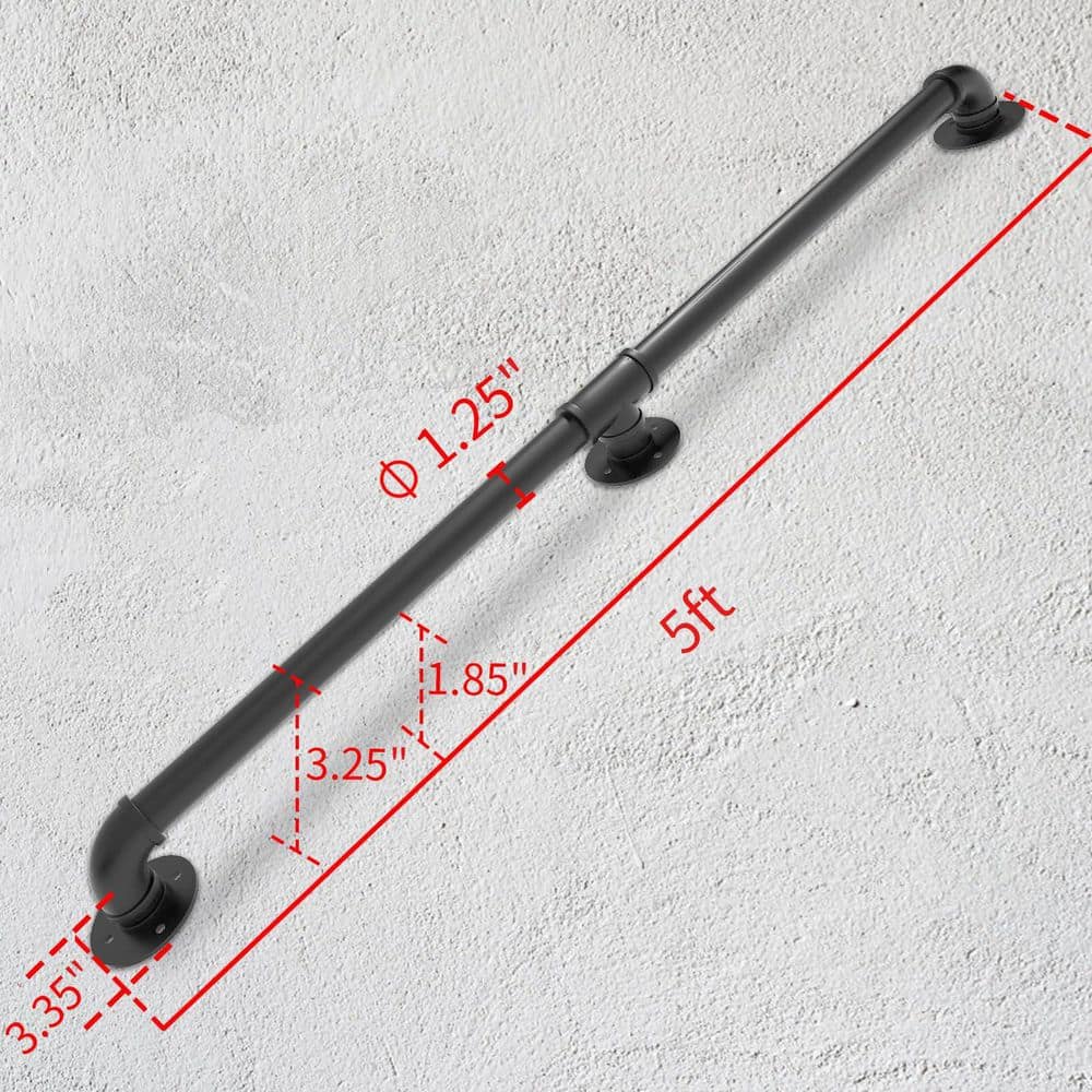 Unbranded 5 ft. Black Metal Galvanized Steel Handrail, Corrosion Resistant Indoor Outdoor Stair Rail, Wall Mounted Pipe Design (2)