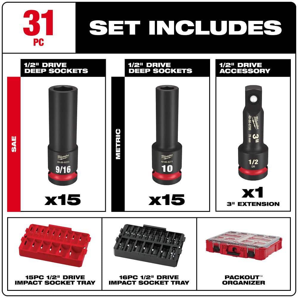 Milwaukee SHOCKWAVE Impact-Duty . Drive and Deep Well Impact PACKOUT Socket Set (4)