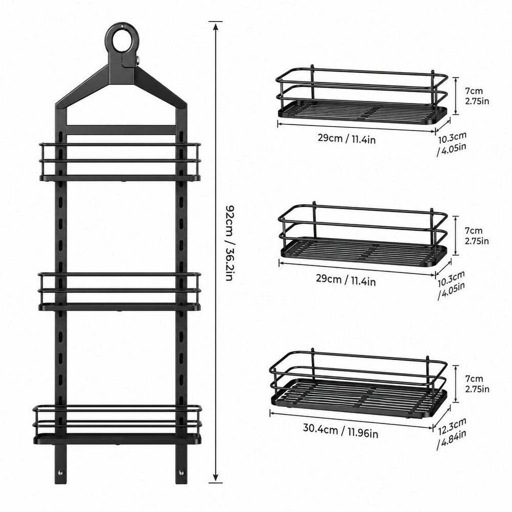 Wudkey Over-the-Shower-Head 3-Tier Height-Adjustable Anti-Swing Sturdy Large Capacity Shower Caddy in Black (2)
