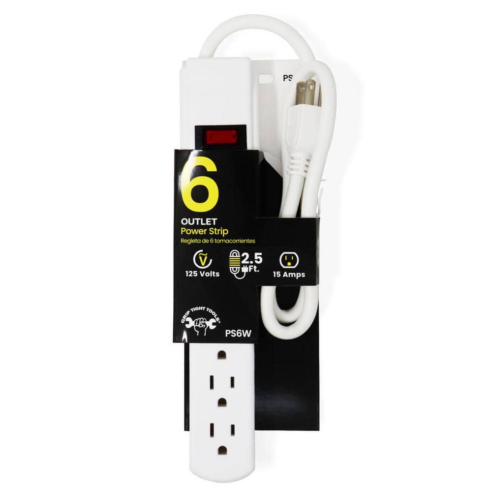 GRIP TIGHT TOOLS 6-Outlet Power Strip with 2.5 ft. Power Cord, White (3)