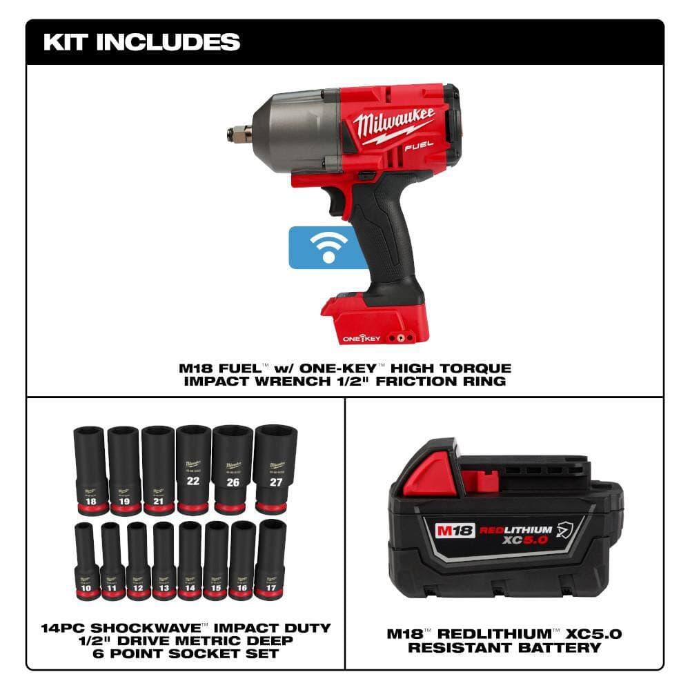 Milwaukee M18 FUEL ONE-KEY 18V 1/2 in. Impact Wrench w/5.0Ah Battery & SHOCKWAVE Socket Set (14-Pc) (2)