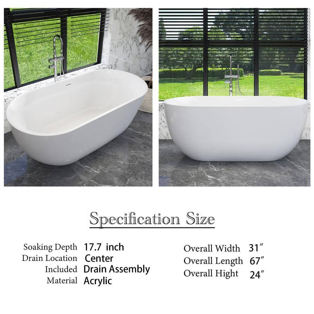Unbranded 67 in. x 31 in. Soaking Bathtub with Center Drain in Glossy White (2)
