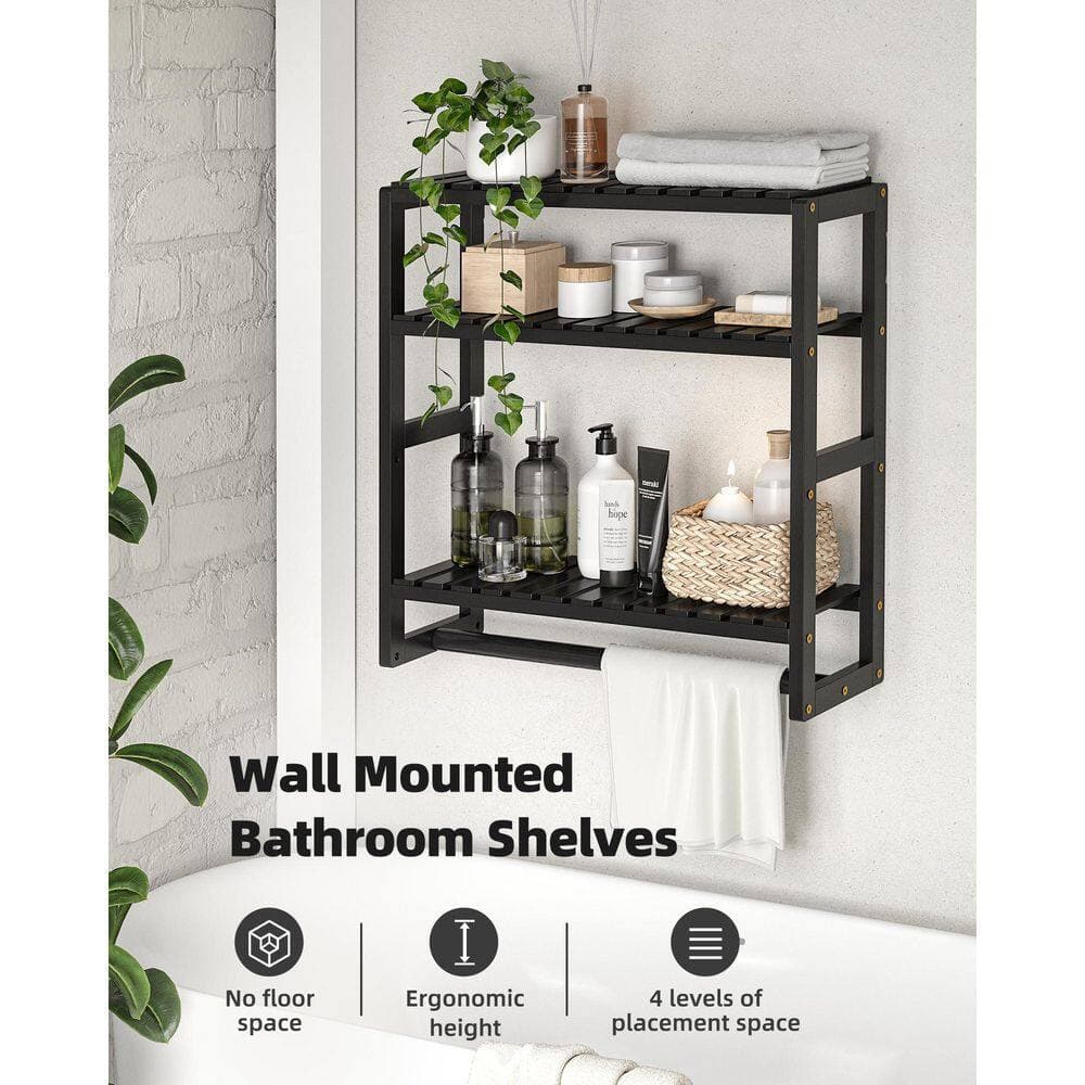 Wudkey Square Adjustable Bamboo Shelf - 16.6 in. W x 16.8 in. H x 5.9 in. D Towel Rack Paper Cabinet with Hanging Rod in Black (3)