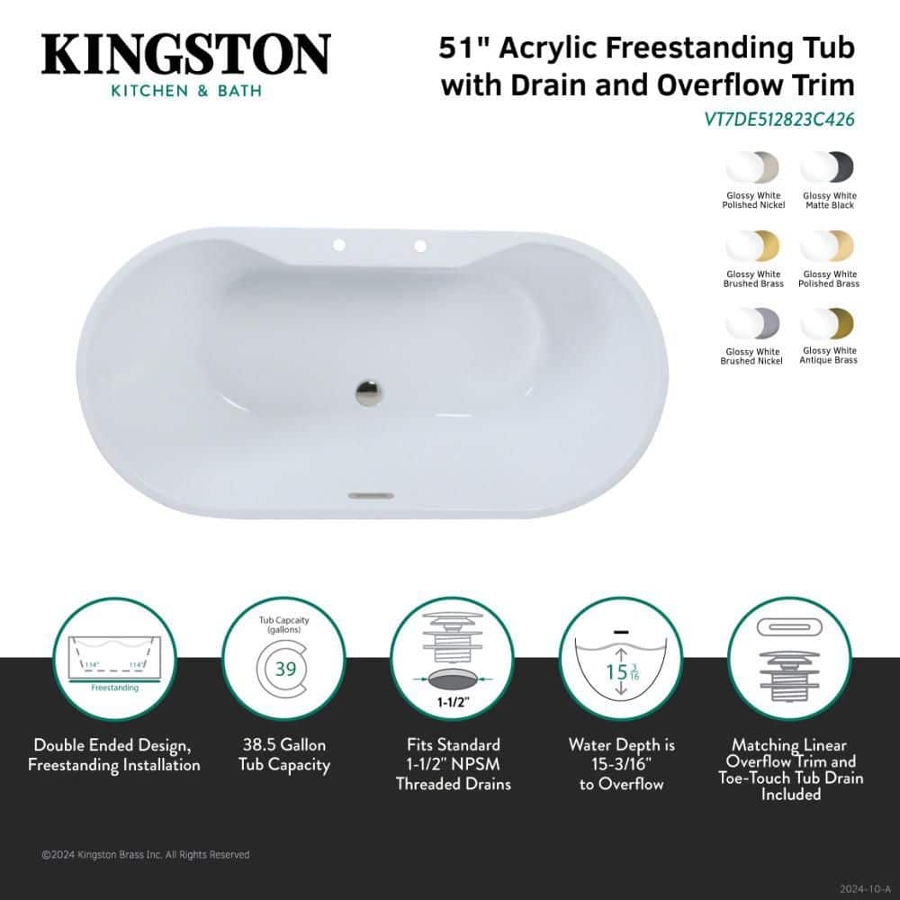 Kingston Brass Aqua Eden 51 in. x 27.4 in. Acrylic Flatbottom Soaking Freestanding Bathtub in Glossy White/Brushed Nickel with Drain (2)