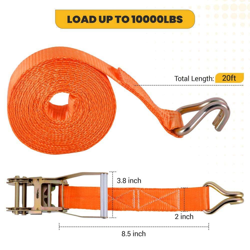 LAIFUCAM 2 in. x 20 ft. Ratchet Straps with Double J-Hooks High-Visibility Orange 10000 lbs. Break Strength 4-Pack (2)