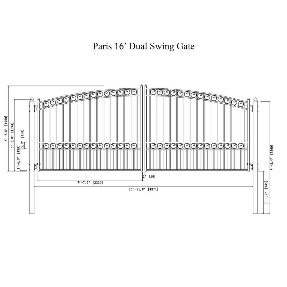 ALEKO 16 ft. 6 ft. Automated Steel Paris Dual Swing Black Steel Driveway Gate and Gate Opener Kit ETL Listed Fence Gate (2)
