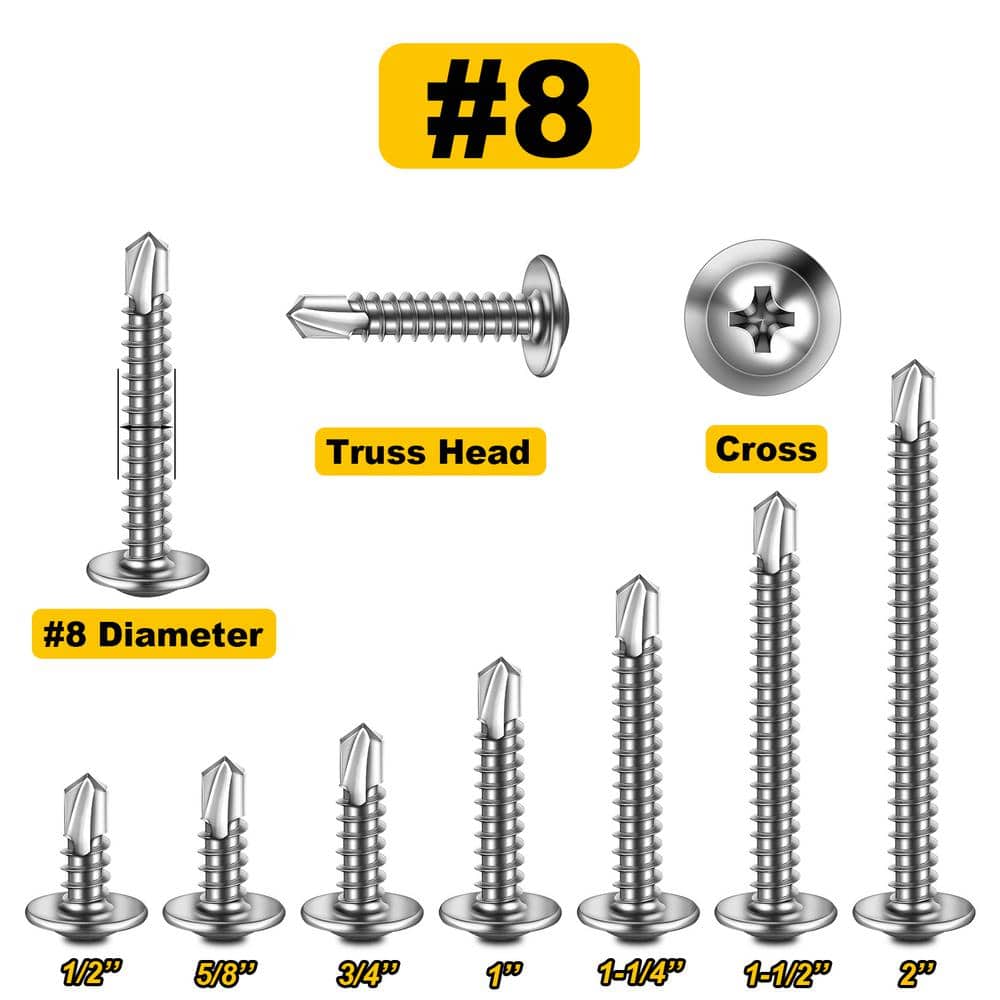 MYWISH 410 Stainless Steel #8 Philips Truss Head Drill Point Lath Screws Self Tapping Screws for Metal (155-Pack) (2)