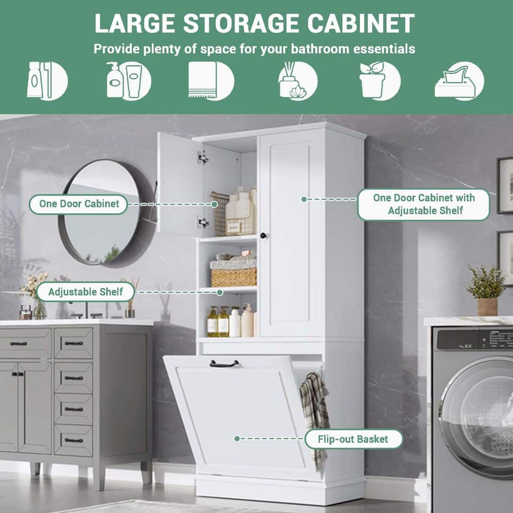 Bezeit 30 in. W 14.2 in. D 67.7 in. H Freestanding Linen Cabinet with Flip-Out Basket and Enclosed Cabinets (3)