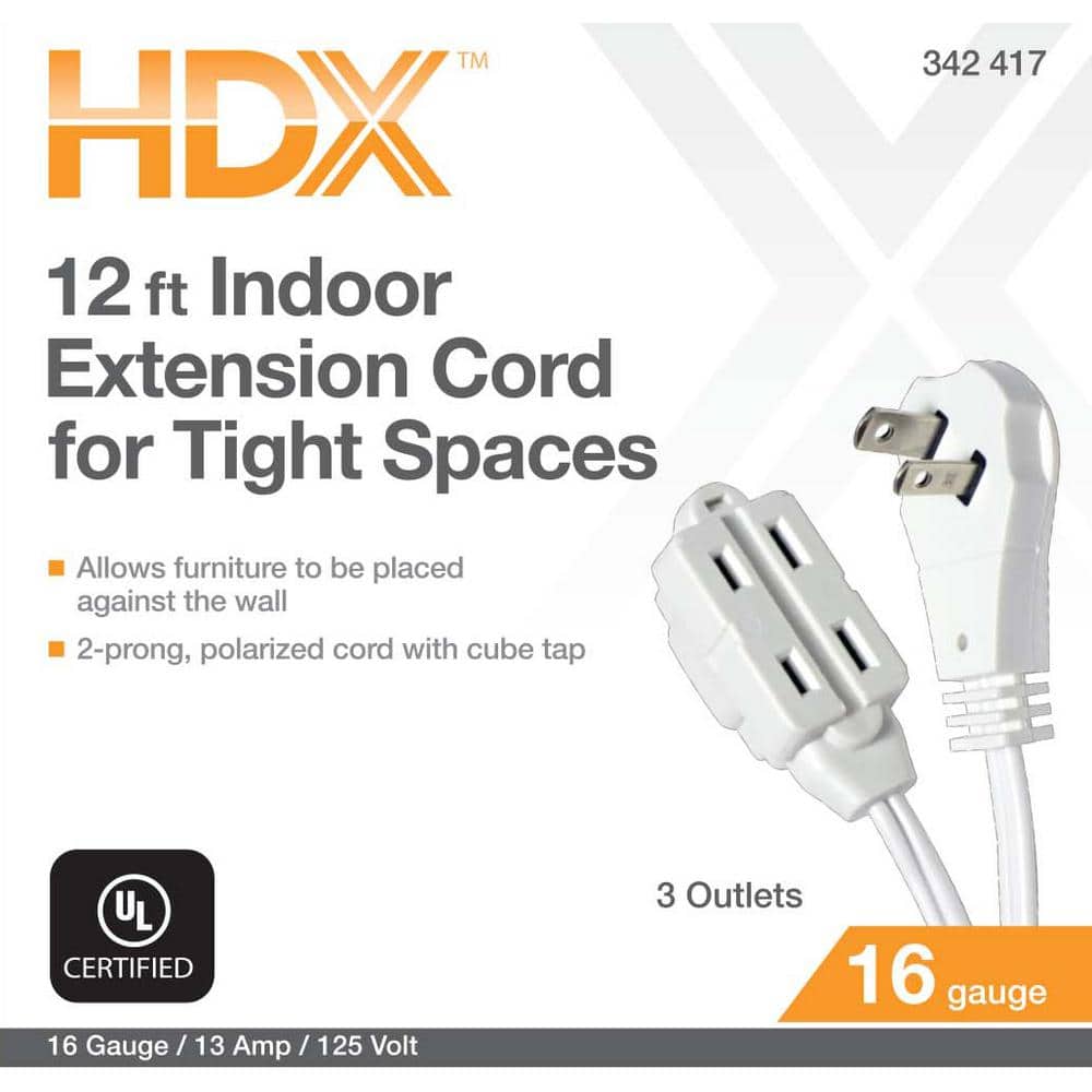 HDX 12 ft. 16/2 Light Duty Indoor Tight Space Multi-Outlet Extension Cord, White (2)