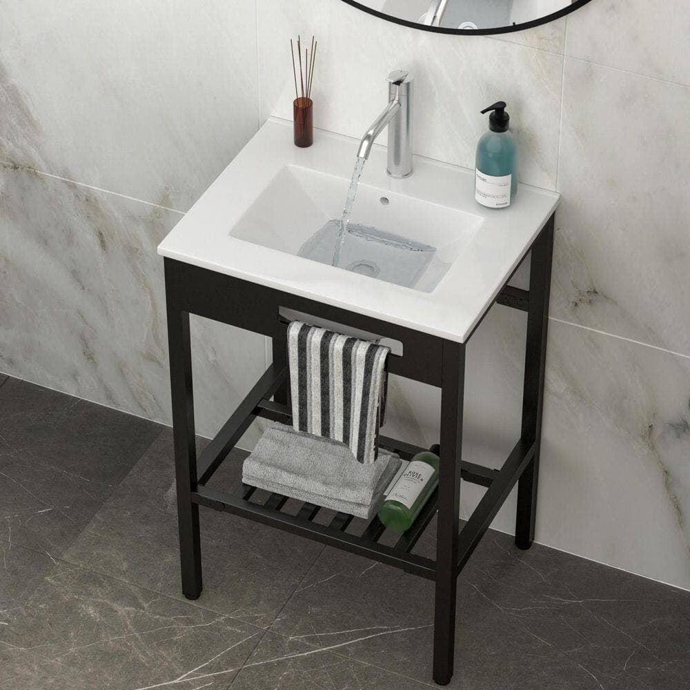 Unbranded Top-Notch 24 in. x18 in. Console Sink Basin in White Ceramic with Stainless Steel Support Frame Black Legs and Overflow (3)