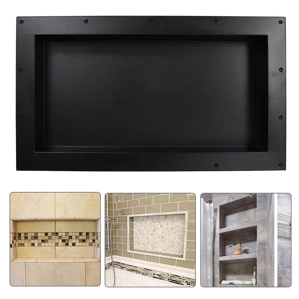 SEEUTEK 28 in. W x 16 in. H x 3.8 in. D Shower Niche Ready for Tile ABS Single Shelf for Shampoo, Toiletry Storage in Black