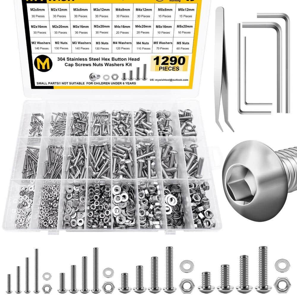 MYWISH 1290-Piece M2, M3, M4, M5 Stainless Steel Button Head Hex Socket Screw Kit with Nuts, Washers and Lock Washers