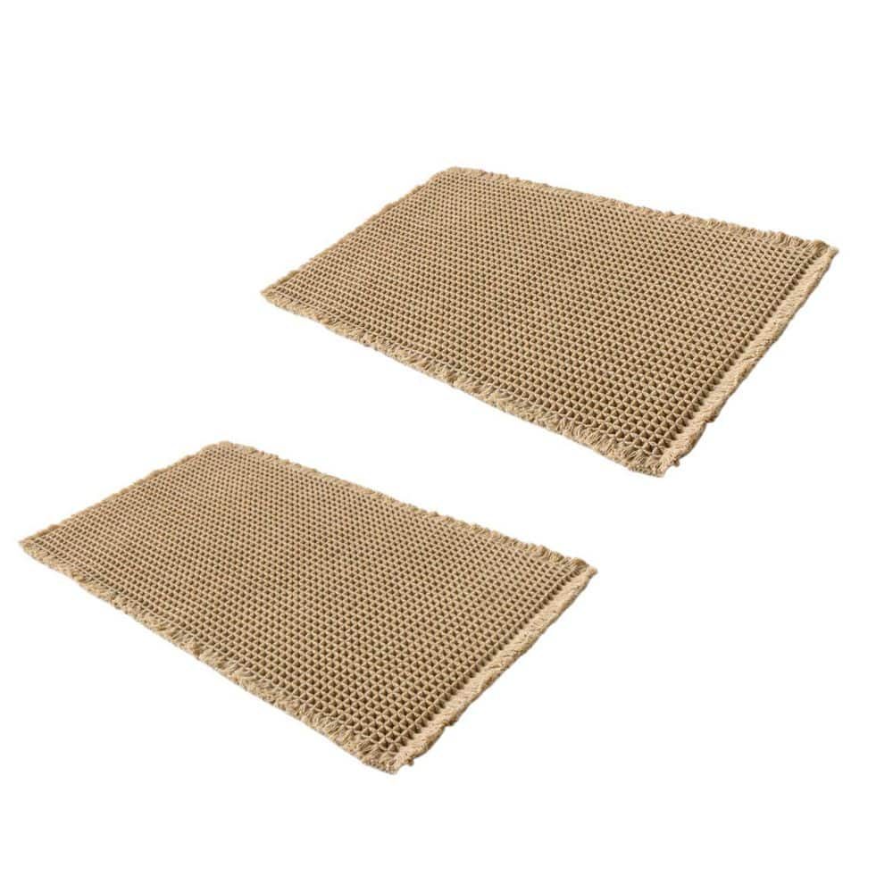 Wudkey 2-Pack 18 in. x 30 in. Non-Slip Brown Waffle Bath Rug, Boho Bath Mat, Rubber Backed Shower Mat for Bathroom Floor (1)