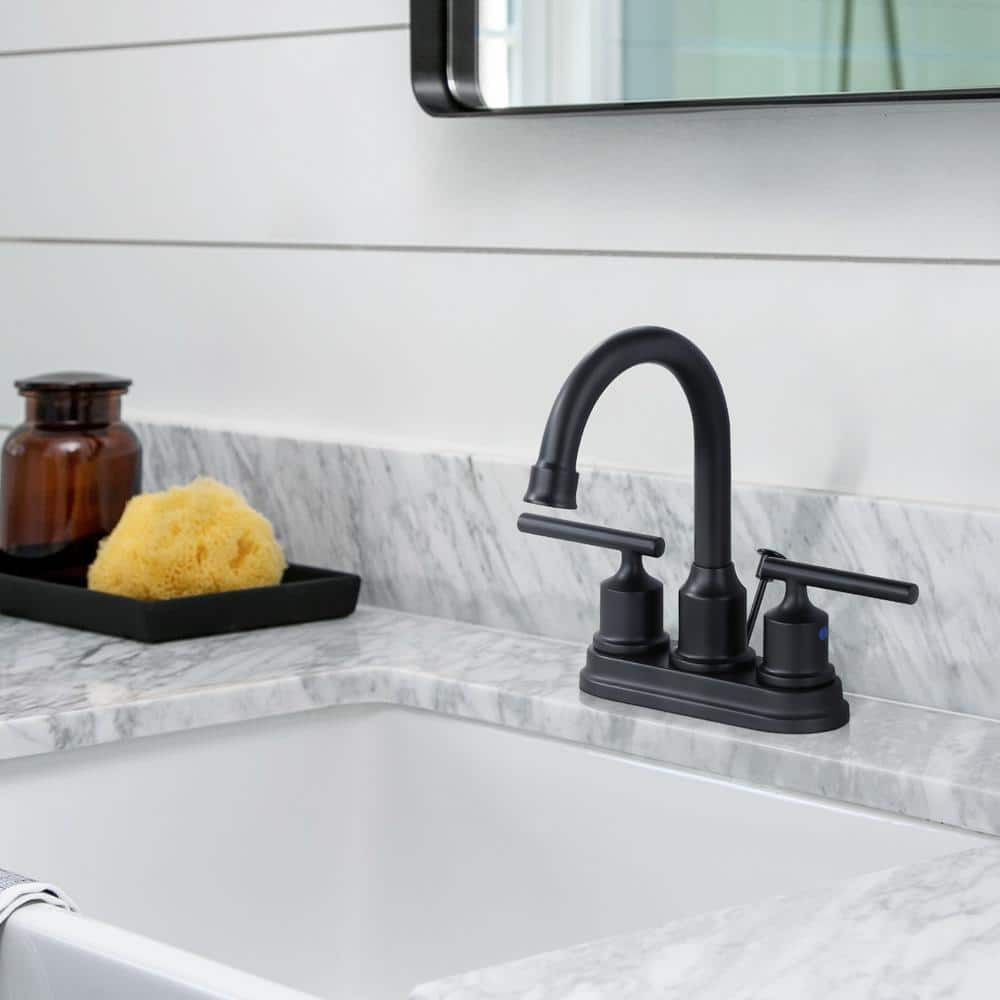 WOWOW 4 in. Centerset Double Handle High Arc Bathroom Faucet with Drain Kit Included in Matte Black (3)