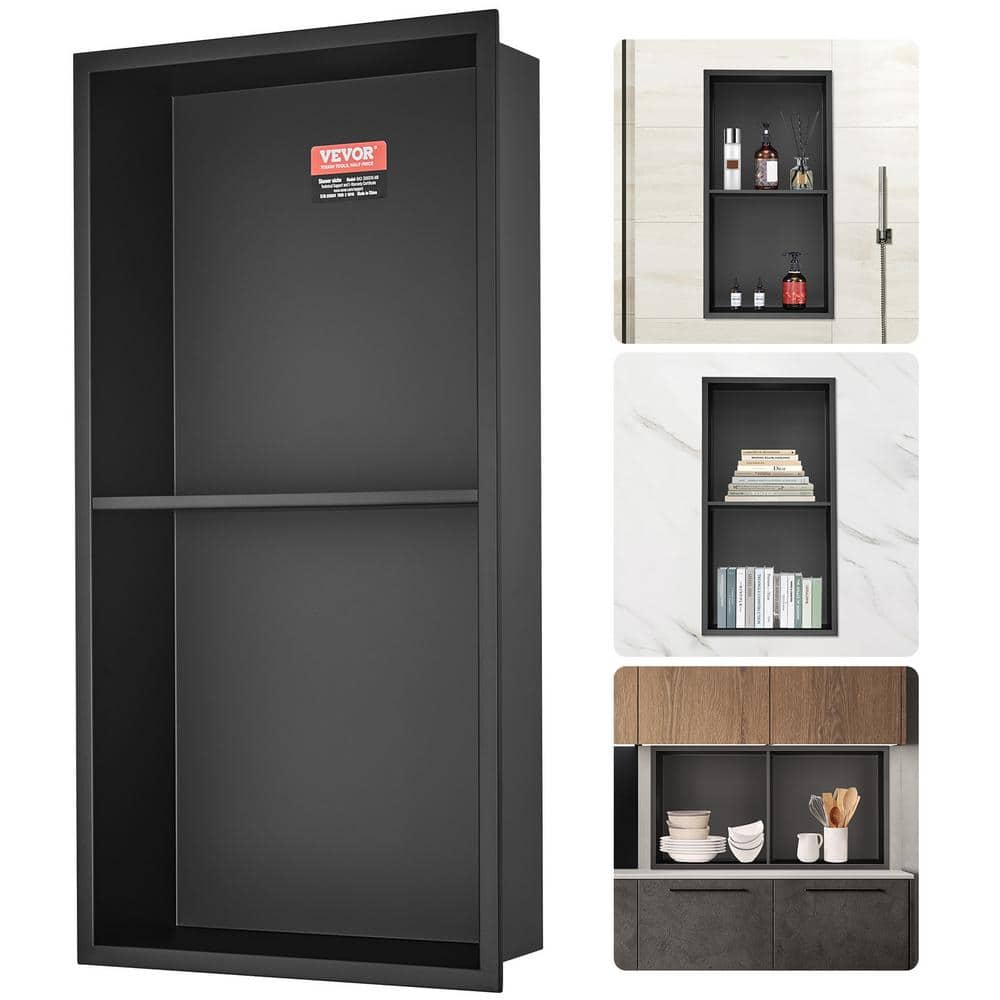 VEVOR 13 in. W x 25 in. H x 4 in. D 304 Stainless Steel Shower Niche in Black Wall-Inserted Niche Recessed Double Shelves (2)