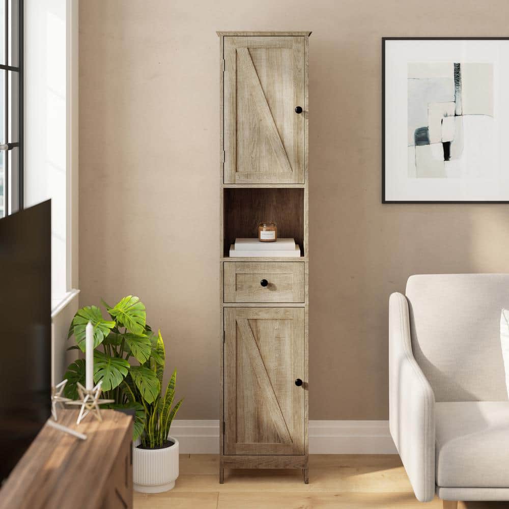 TAYLOR + LOGAN Dulcie 15 in. W x 10 in. D x 70 in. H Engineered Wood Linen Freestanding Tower Linen Cabinet in Brown