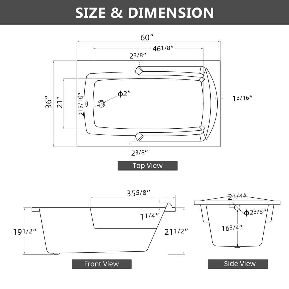 Zeafive Dor 60 in. x 36 in. Rectangular Acrylic Soaking Drop-In Bathtub w/ Reversible Drain Hole and Integrated Armrest in White (3)