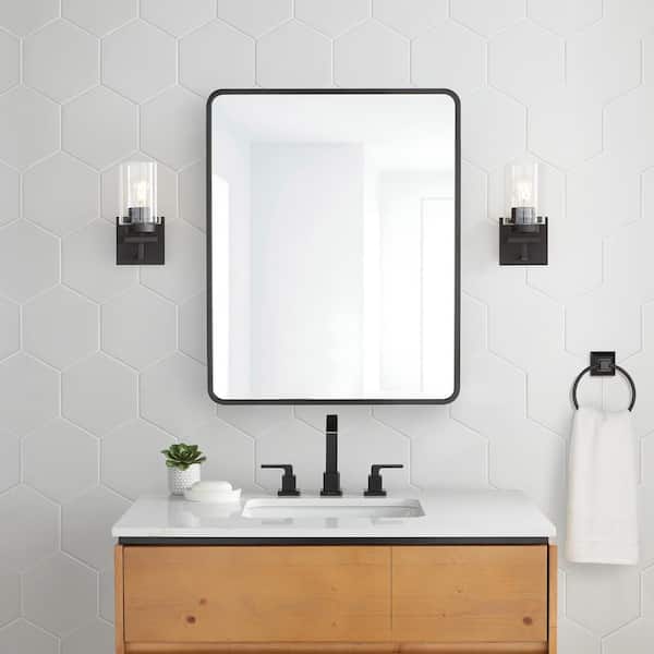 Glacier Bay 24 in. W x 30 in. H Rounded Corner Rectangular Matte Black Medicine Cabinet with Mirror
