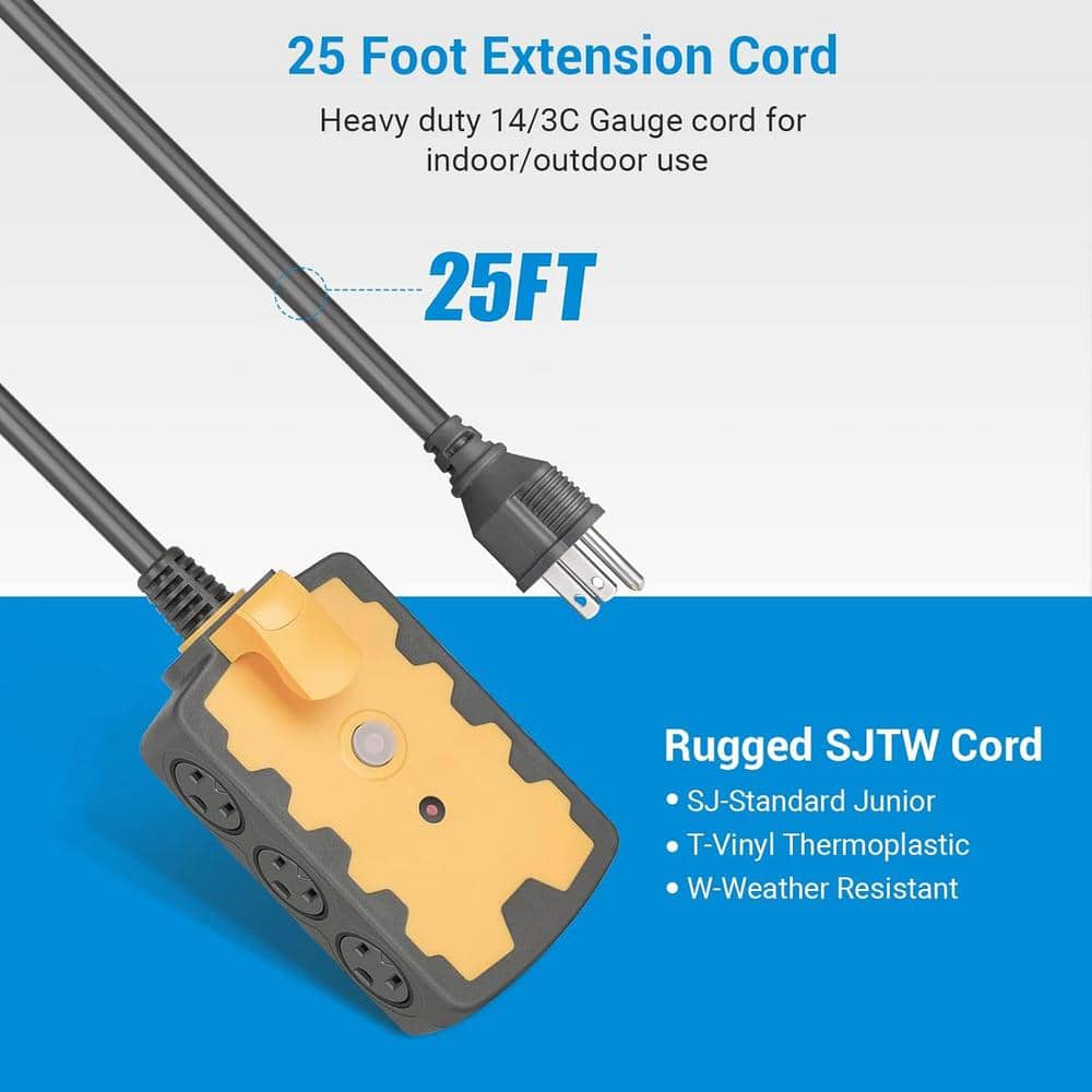 Yichuhaoxi 25 ft. Extension Cord 14/3C Gauge, SJTW 6-Outlet Heavy Duty Power Strip with 15Amp Circuit Breaker (3)