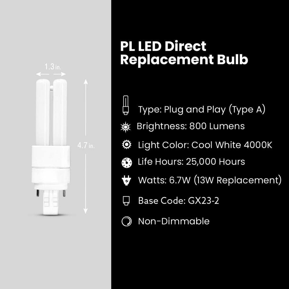 Feit Electric 13-Watt Equivalent PL Quad Tube CFLNI Bi-Pin Plugin GX23-2 Base CFL Replacement LED Light Bulb Cool White 4100K (1-Pack) (4)