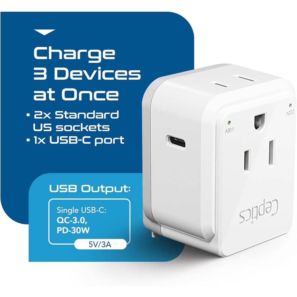 Lukyamzn 2-Outlet Surge Protector Travel Plug Adapter with 30W USB-C PD & QC 3.0 and 2 USA Sockets, White (2)