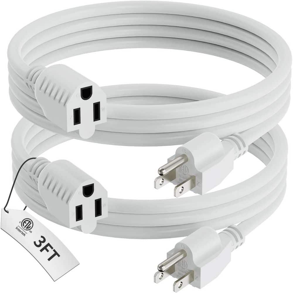 Lukyamzn 2-Pack 3Ft. 16 / 3 Heavy Duty Indoor/Outdoor Extension Cord with 3 Prong Grounded Short Wire, 13A 1625W 125V SJTW, White (1)