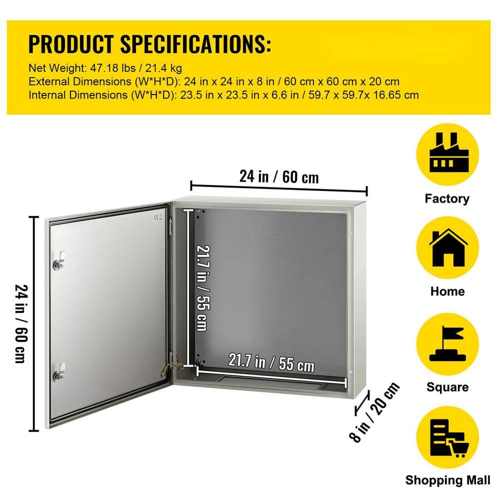 VEVOR Electrical Enclosure Box 24 in. x 24 in. x 8 in. NEMA 4X Cabon Steel Waterproof Junction Box With Mounting Plate (2)