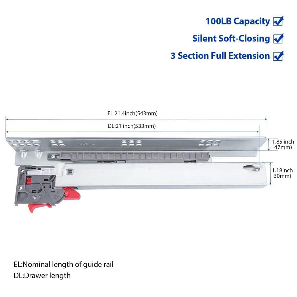 LAIFUCAM 21 in. Galvanized Undermount Soft-Close Heavy Duty Drawer Slides Full Extension Concealed Mount 1 Pair (3)