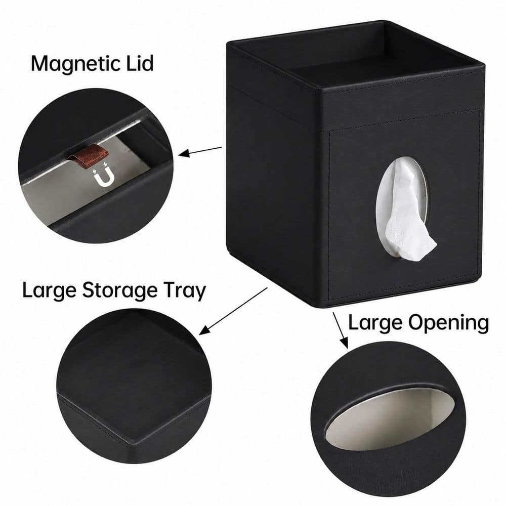 KHKFY PU Leather Square Tissue Box Cover with Magnetic Lid Built-In Storage Tray and Velvet Lining in Black (3)