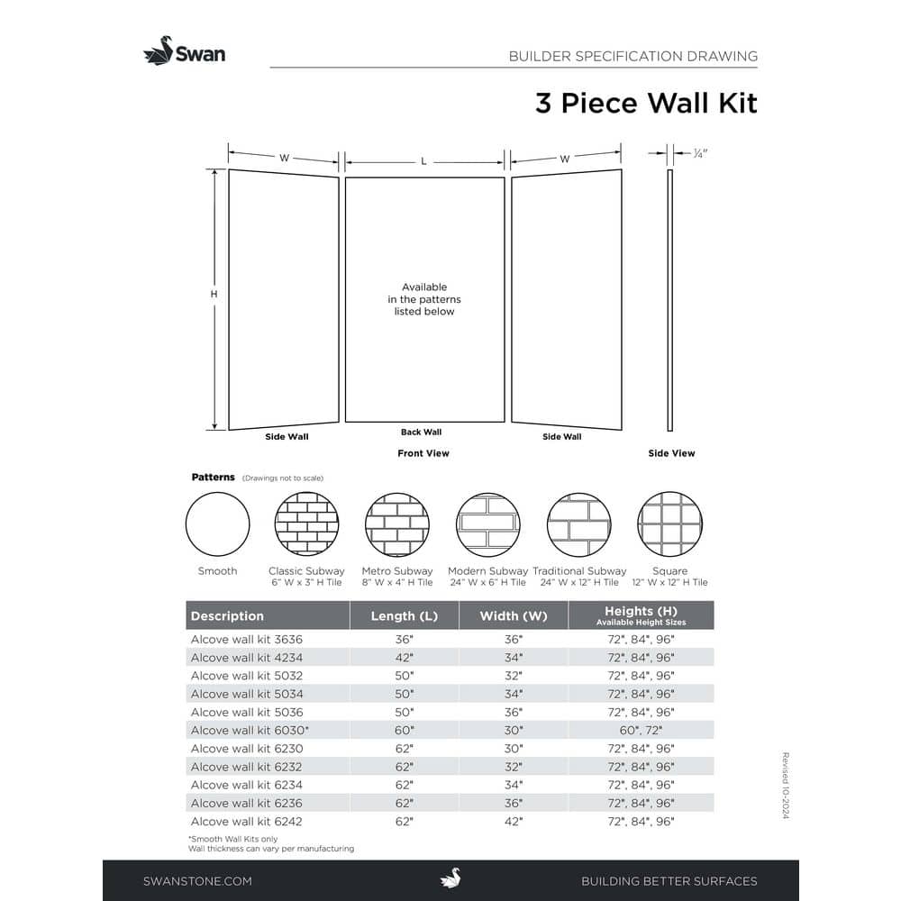 Swan 30 in. x 60 in. x 72 in. 3-Piece Easy Up Adhesive Alcove Tub Surround in White (3)