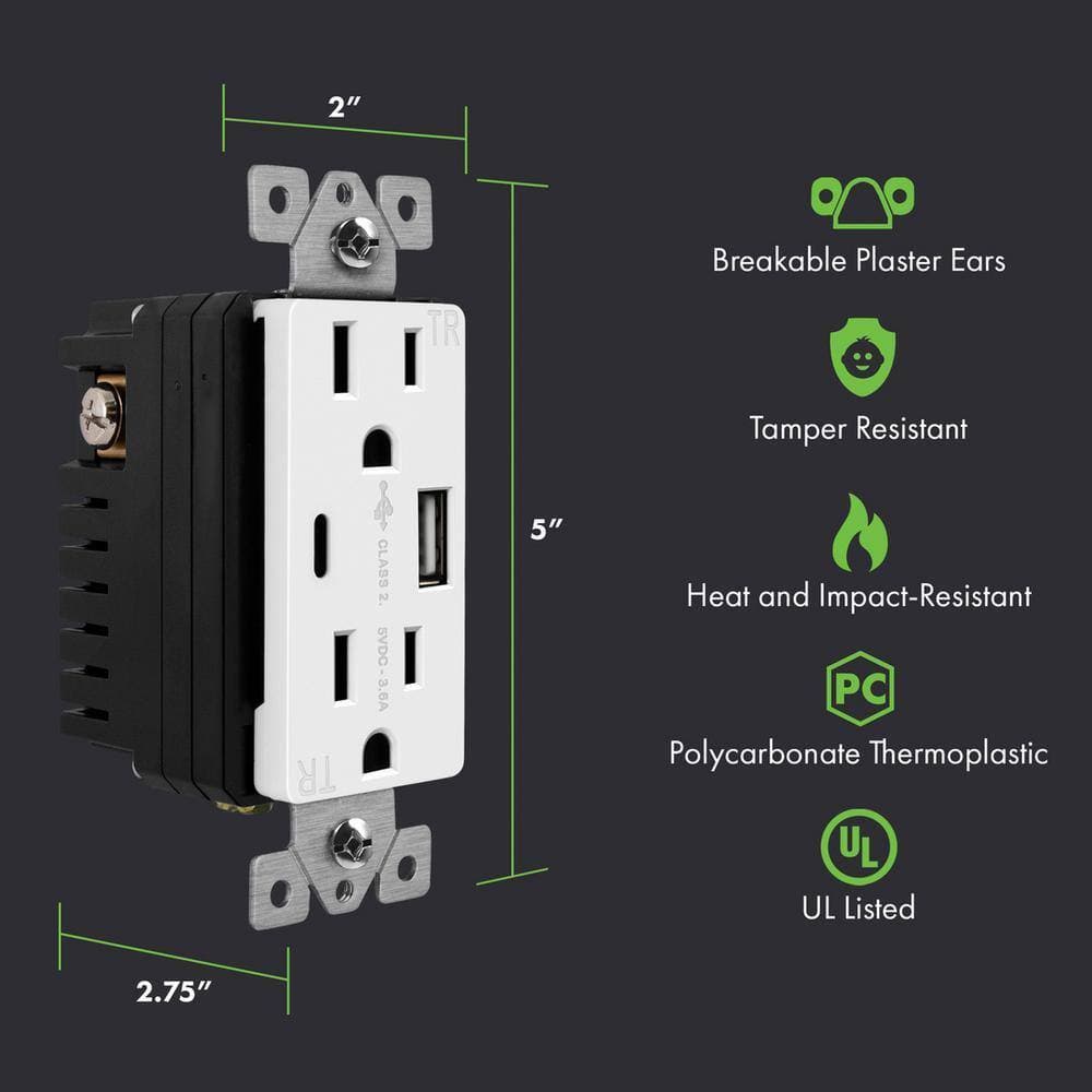 TOPGREENER 3.6 Amp USB-C Wall Duplex Outlet Charger with Wall Plate in White (3-Pack) (3)