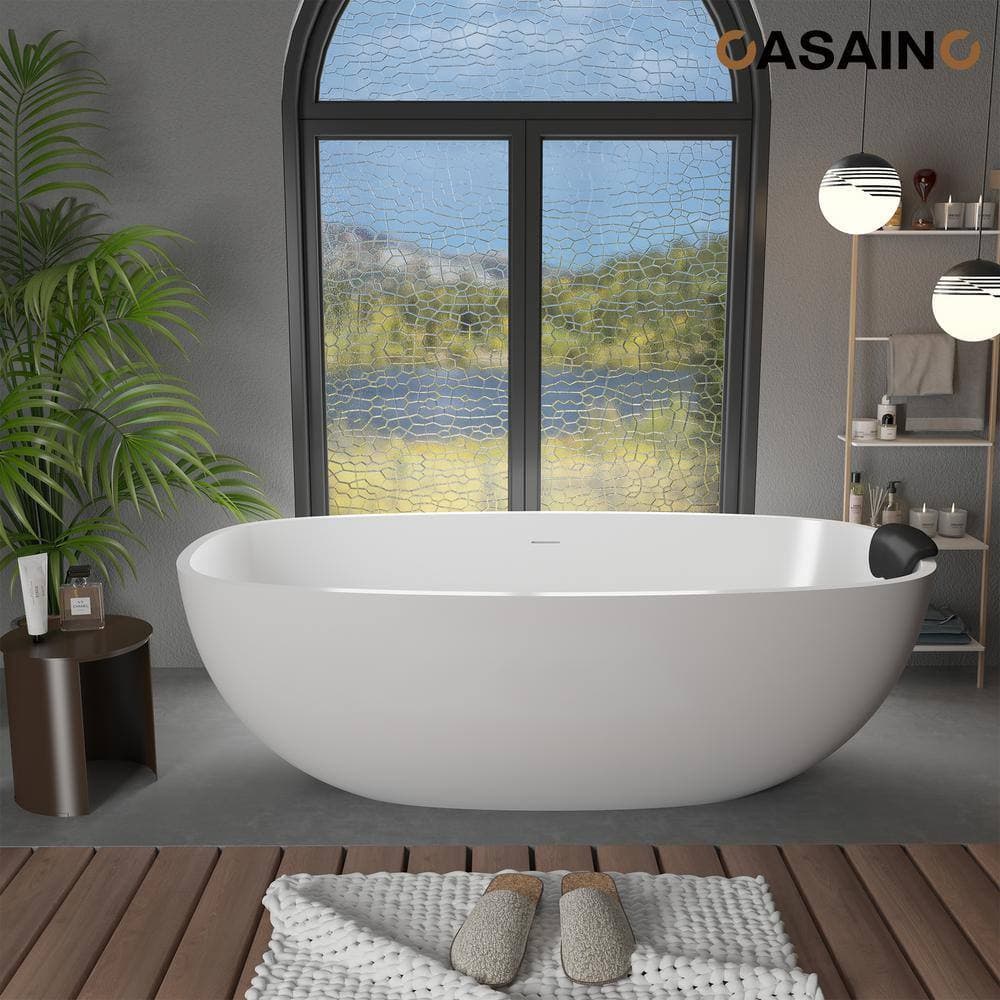 CASAINC 71 in. x 22 in. Solid Surface Stone Free Standing Tub Soaking Bathtub in White with Black Bathtub Pillow (1)