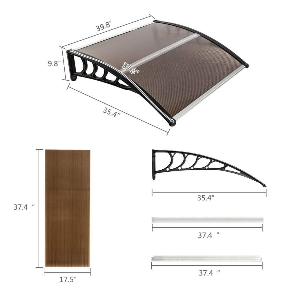 Numhew Black Frame Brown Polycarbonate 39.8 x 35.4 in. Front Door Window Awning Canopy, Rain and UV Protection Patio Shelter (3)
