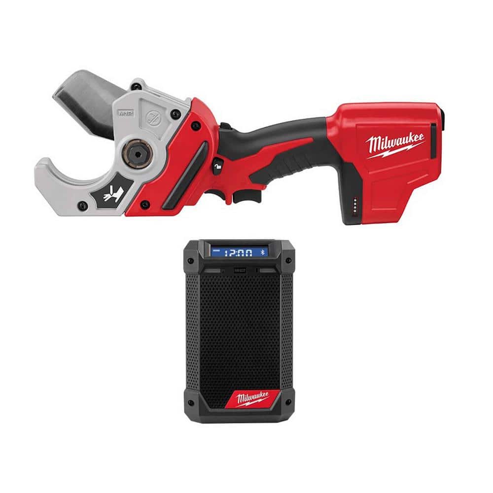 Milwaukee M12 12V Lithium-Ion Cordless PVC Pipe Shear with M12 12V Lithium-Ion Cordless Bluetooth/AM/FM Jobsite Radio with Charger