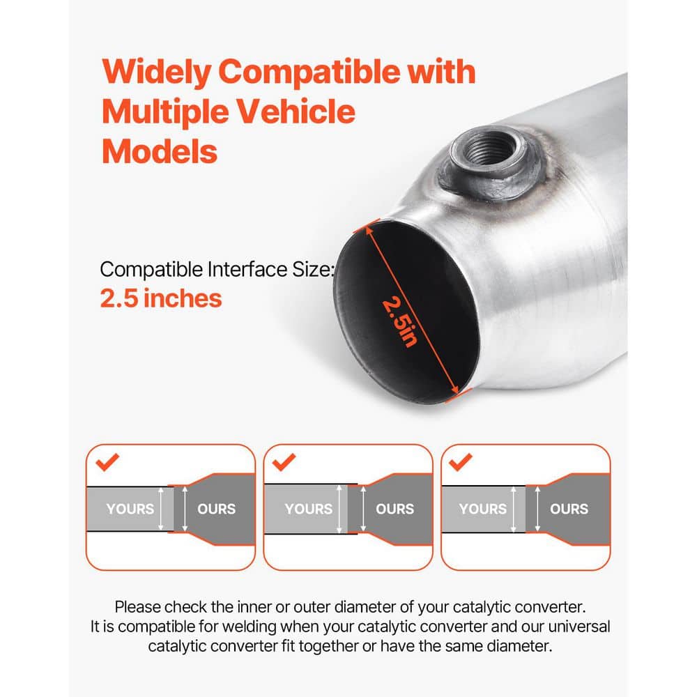 VEVOR Universal Catalytic Converter, 2.5 in. Inlet/Outlet, 2 Pack High Flow Car Catalytic Converter w/ O2 Port Stainless Steel (2)