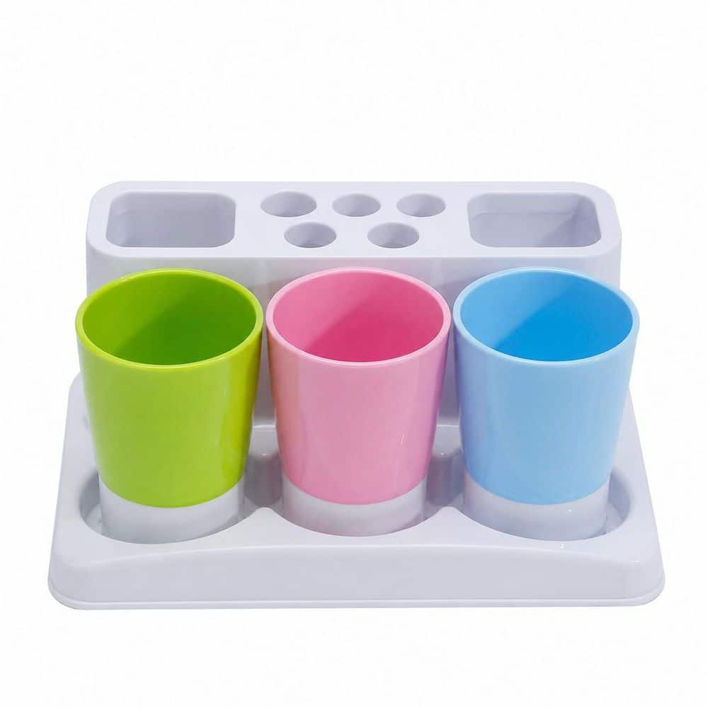 KHKFY Toothbrush and Toothpaste Holder Stand with 5 Brush Slots and 3 Rinse Cups, 9.8 x 6.3 x 4.3 in Bathroom (1)